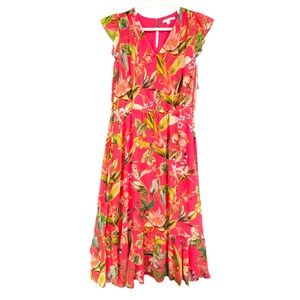Chicos Pink Floral Maxi Dress 1.5 US 10 Flutter Sleeve Tassel Ruffle Hem New